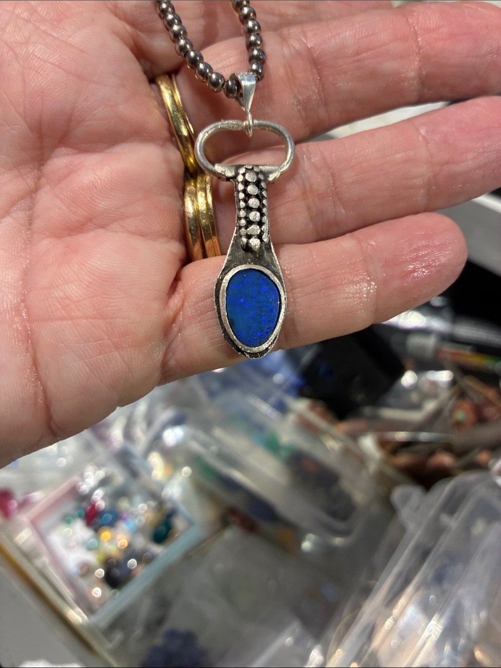 Artisan Made 925 Deep Blue Opal Necklace and 925 Chain 16.72 Grams